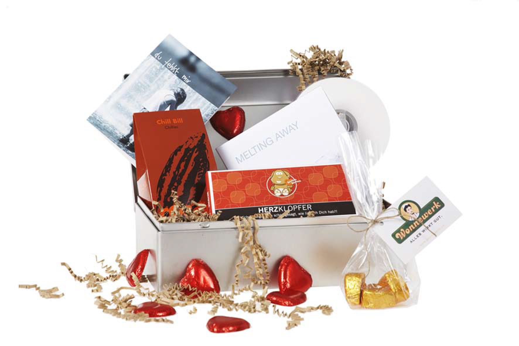 Geschenkbox Wonnewerk mit Schokoherzen und Grußkarten, Valentinsmotiv